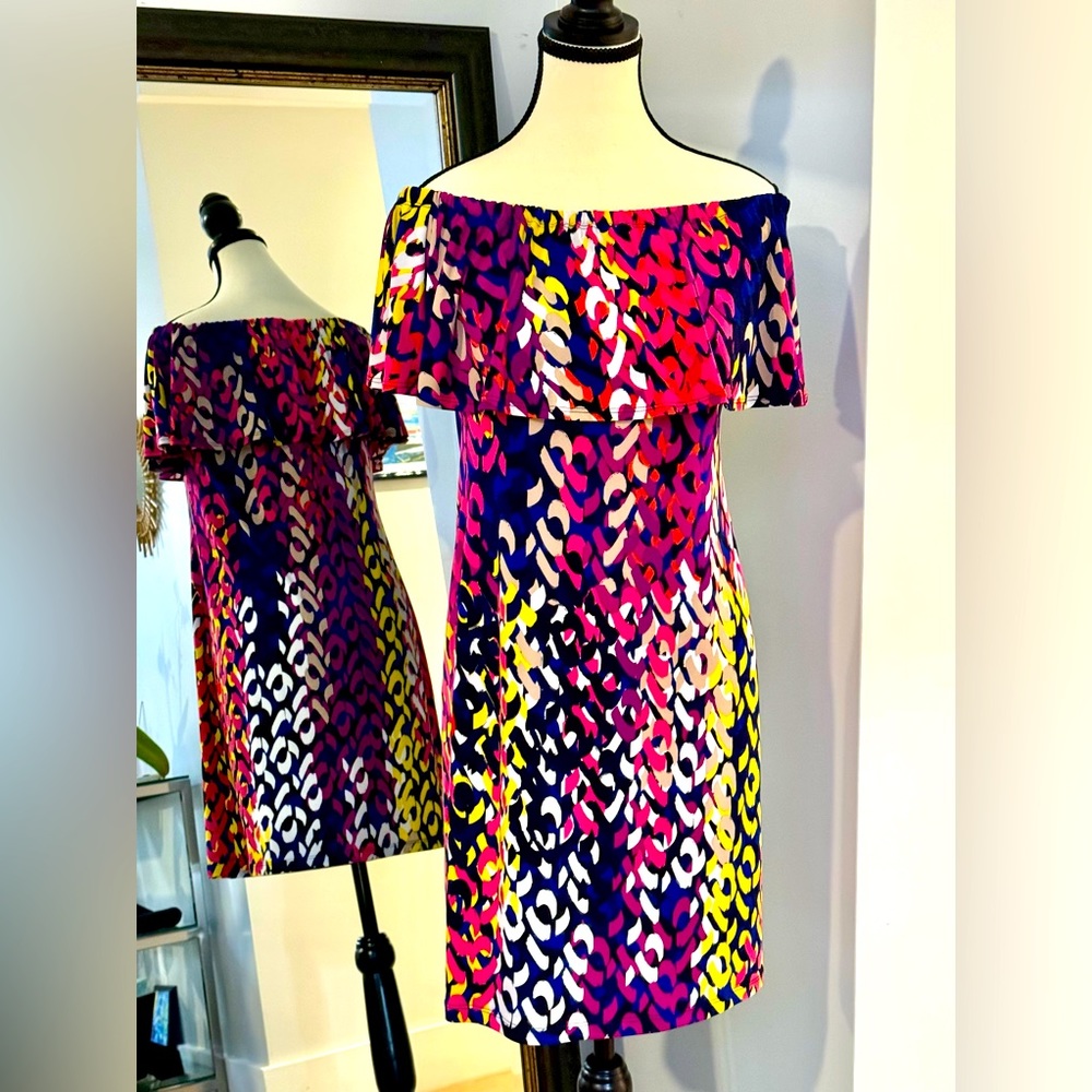 Trina Turk off shoulder print dress. Stretch material- very comfortable.